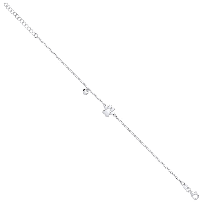Silver Dog/Cat Paw & Heart Bracelet