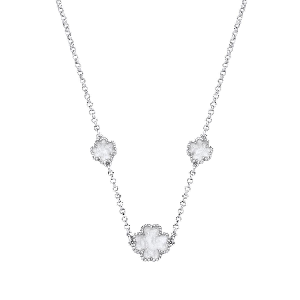 Silver WHITE Enamel Four Leaf Clover Necklace