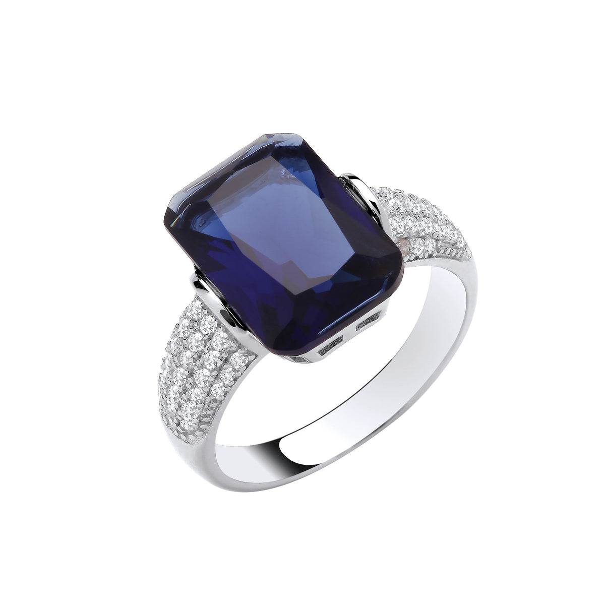 Silver Deep Blue Emerald Cut Sapphire Glass & CZ Ring
