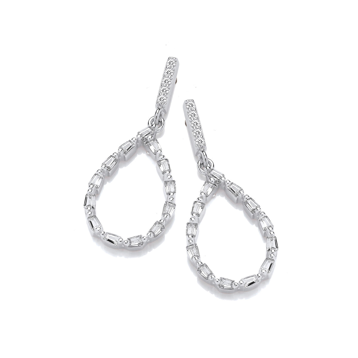 Teardrop Baguette CZs Silver Drop Earrings