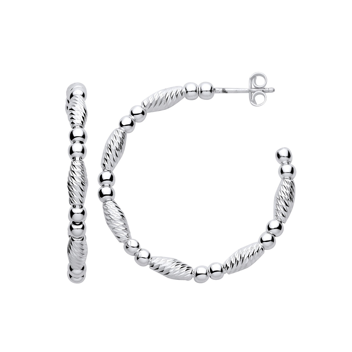 Silver Beads and Twist Medium Hoop Earrings