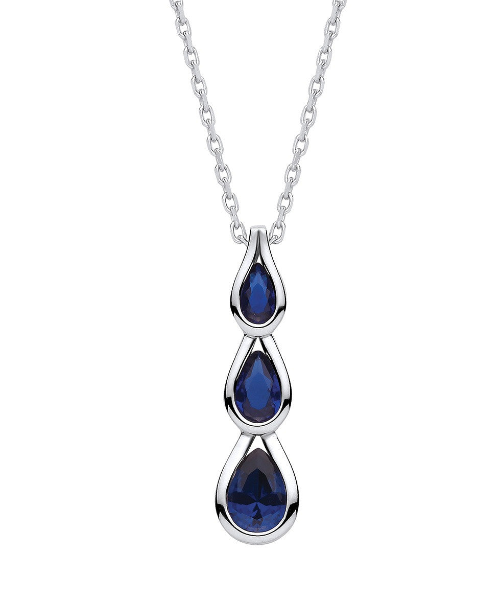 Blue Pear Shaped CZs Silver Pendant with Chain