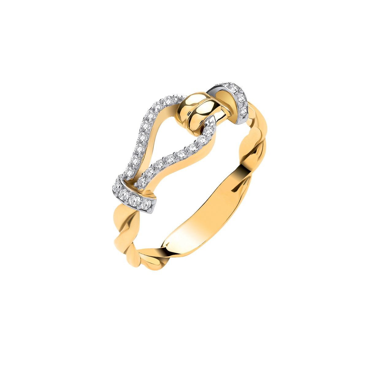 Y/G CZs Hook with Twist Band Ladies Ring