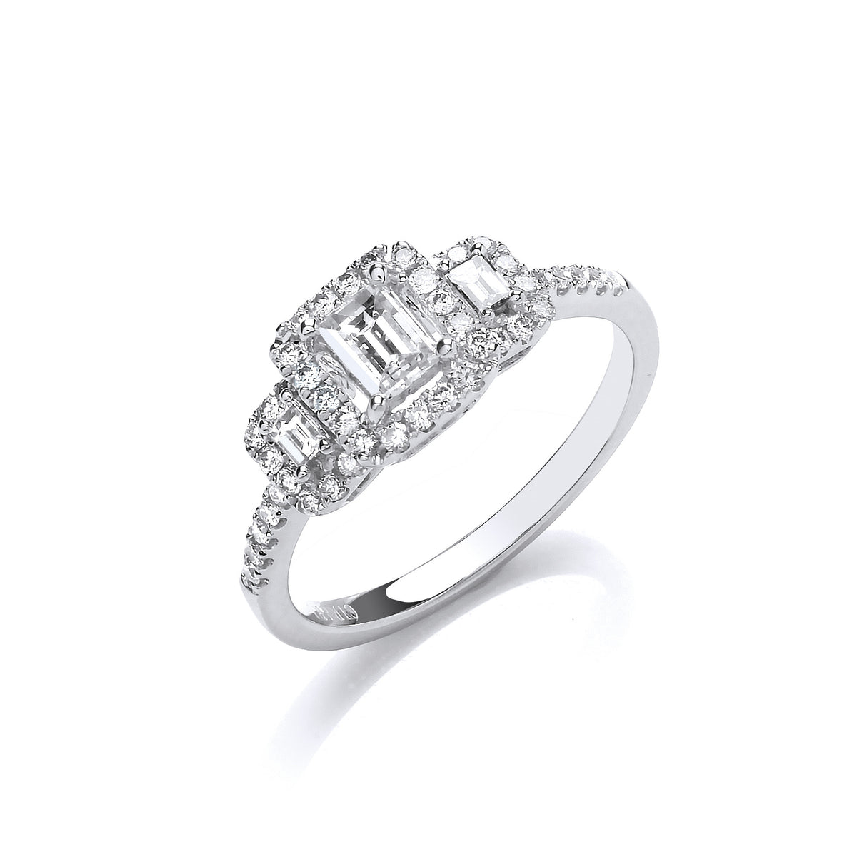 18ct WG Emerald Cut 0.75ct Halo style Trilogy Ring