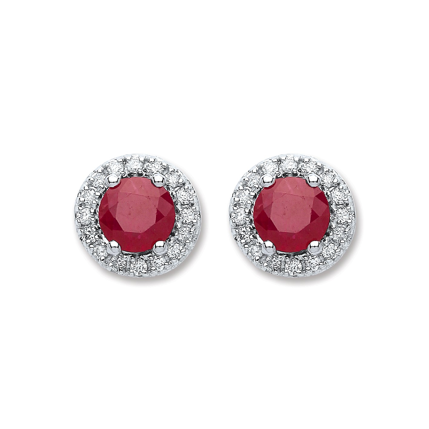 9ct White Gold 0.15ct Diamond, 0.9ct 5mm Round Ruby Stud Earrings TGC-DER0210