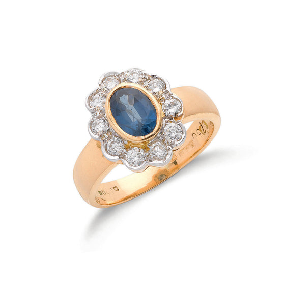 18ct Yellow Gold Diamond & Blue Sapphire Cluster Ring TGC-DR0094