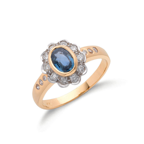 18ct Yellow Gold Diamond & Blue Sapphire Cluster Ring TGC-DR0096