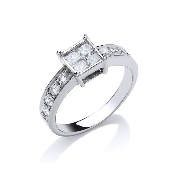 18ct White Gold 0.75ct 4 Stone Centre Princess Cut Diamond Engagement Ring TGC-DR0502