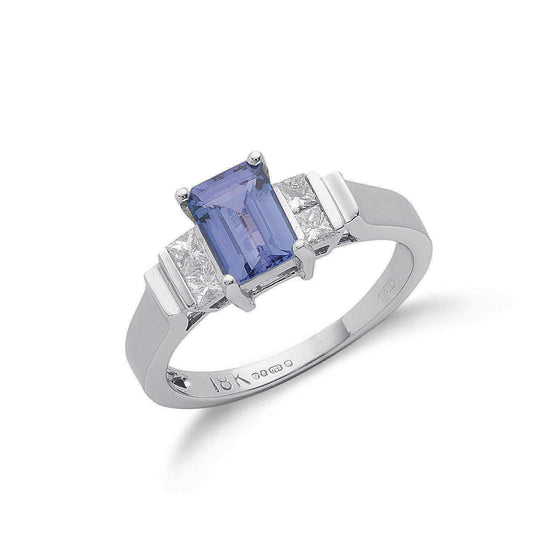 18ct White Gold Princess Cut Diamond & Tanzanite Ring TGC-DR0512