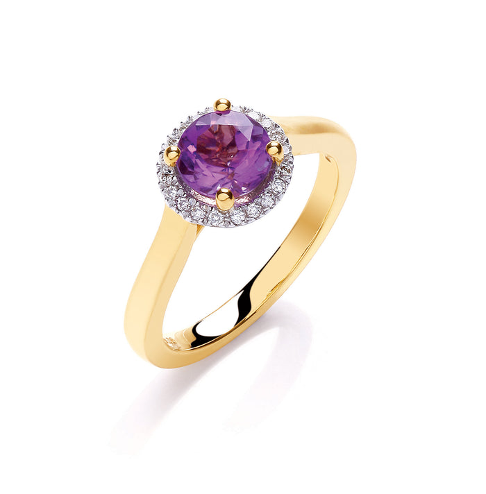 9ct Yellow Gold 0.08ct Diamond, 1.00ct 6mm Amethyst Ring TGC-DR0871