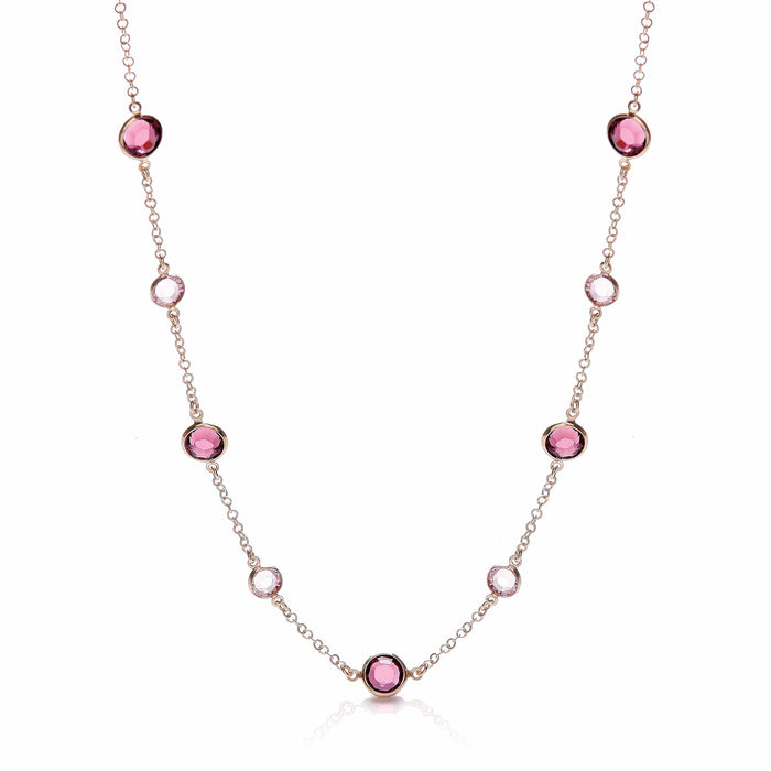 Purple, Pink Stones, Silver Rose Coated Necklace