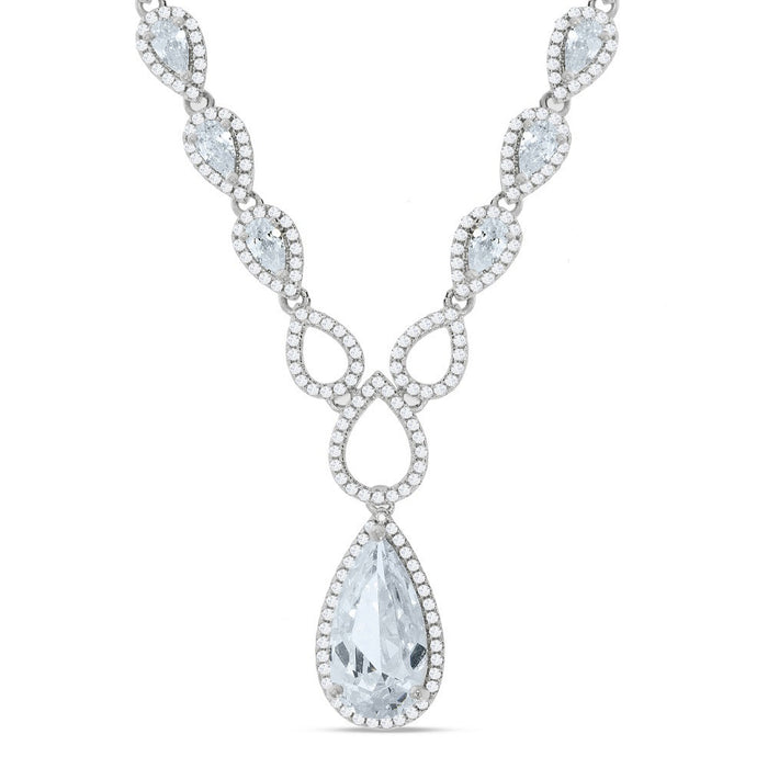 Silver Pear Shaped Drop Set Clear Cz's Necklace 18"