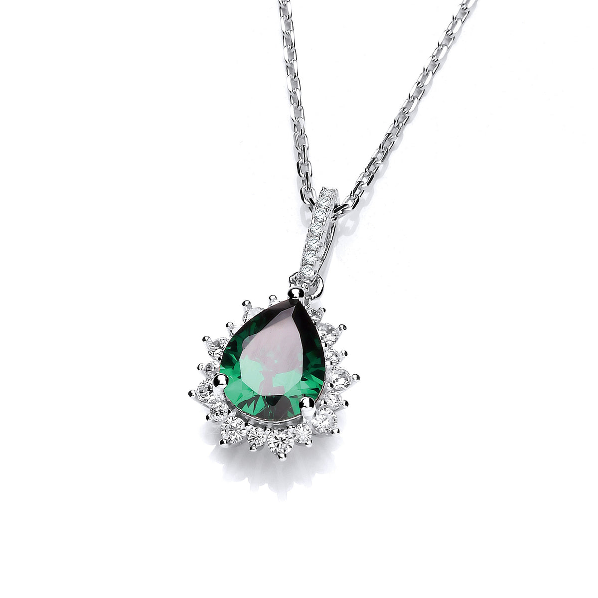 Silver Green Teardrop Cz Pendant with 18" Chain