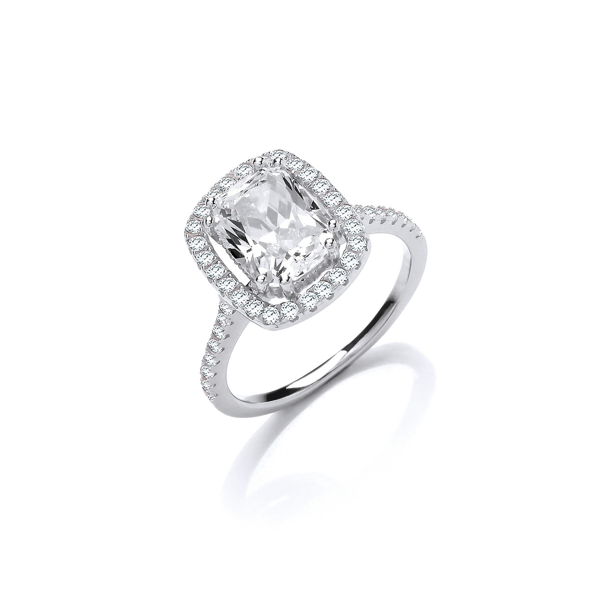 Halo Style High Setting Emerald Cut Cz Silver Ring