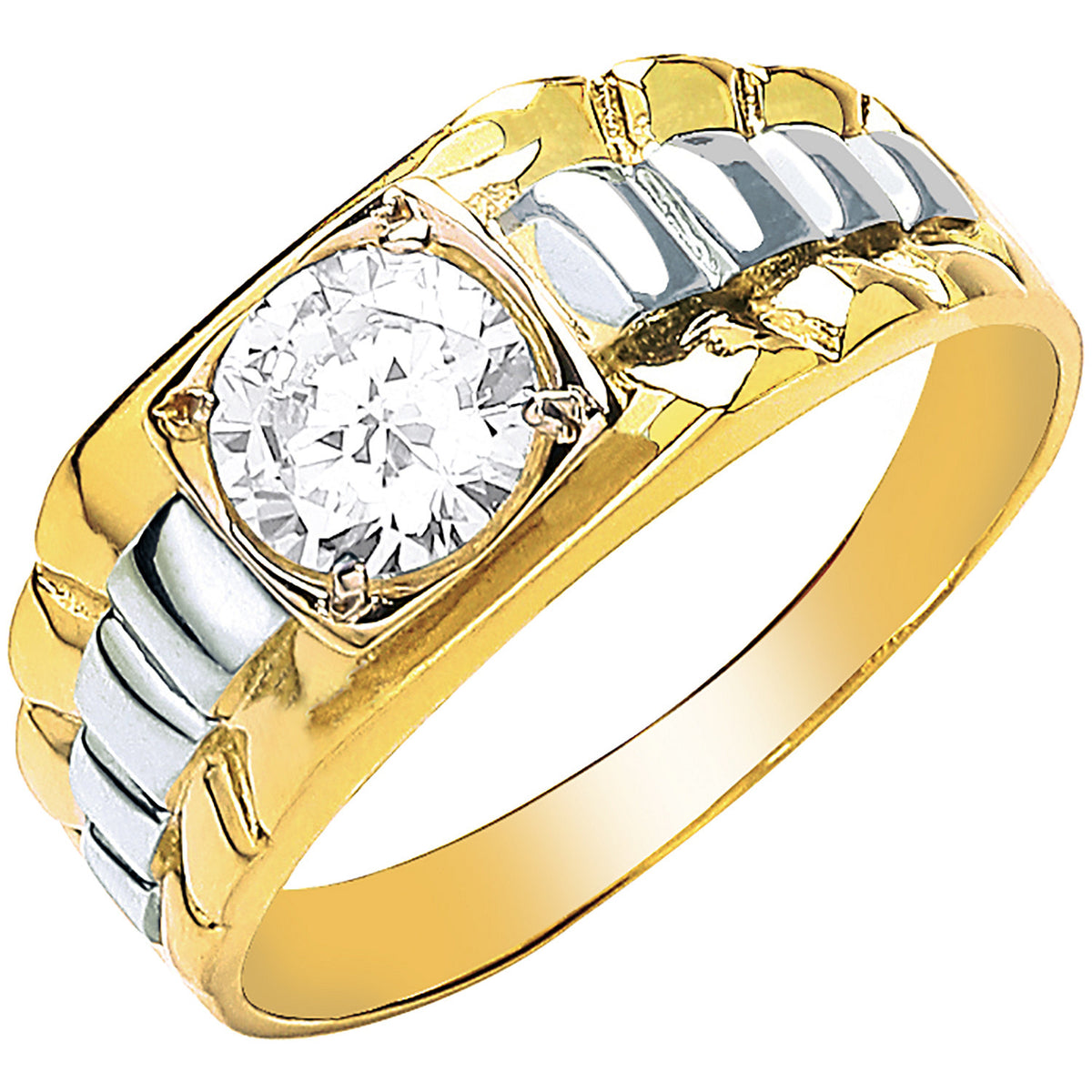 Y/G Gents Square Top Cz Two Colour Ring