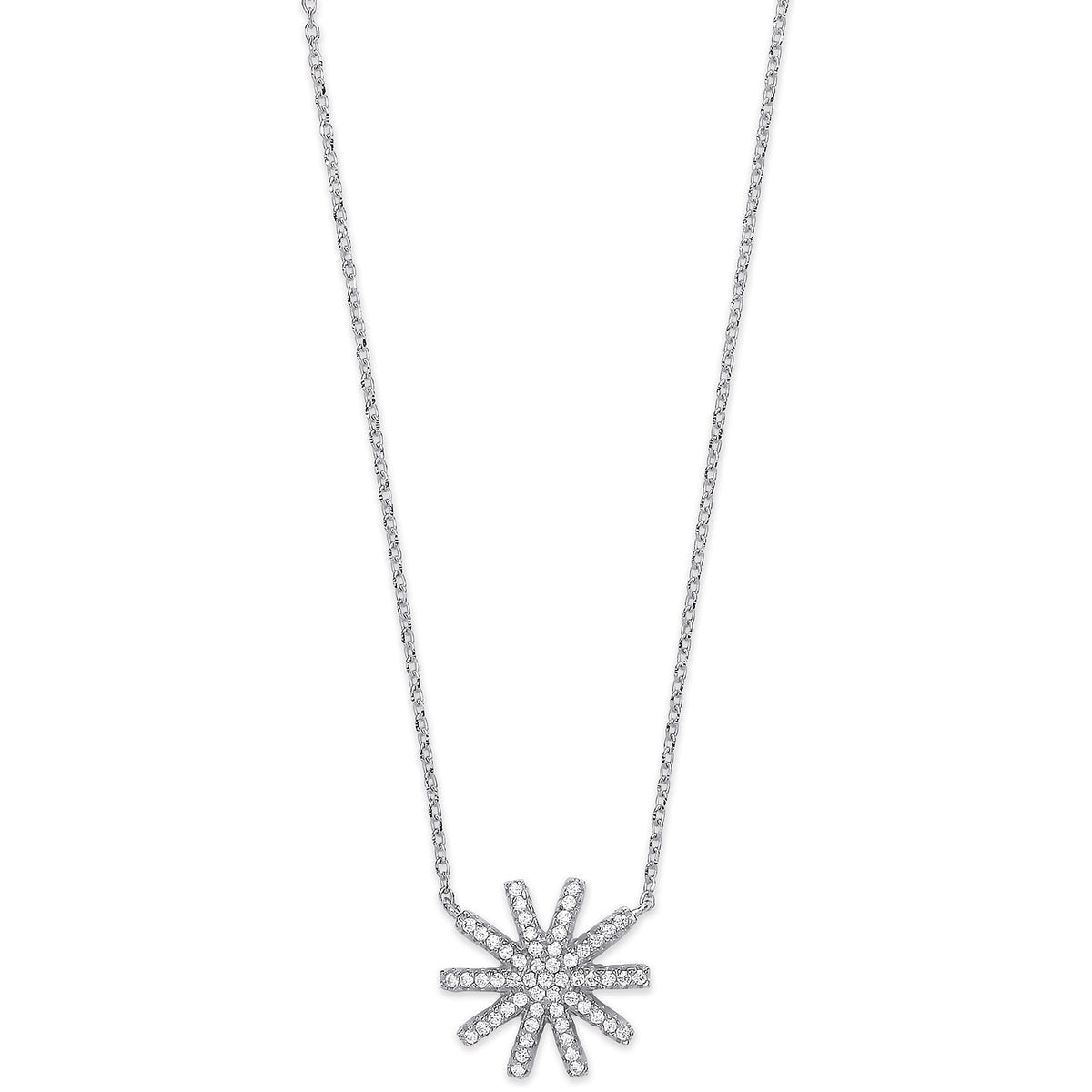 Silver Cz Starburst Pendant 16" Necklace