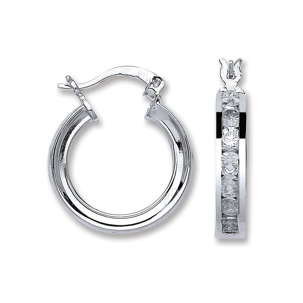 Silver Channel Set Cz Hoop Earrings