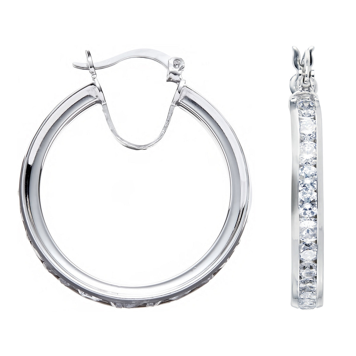 Silver Channel Set Cz Hoop Earrings