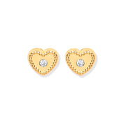 9ct Y/G Heart Ribbed Edge with CZ Studs