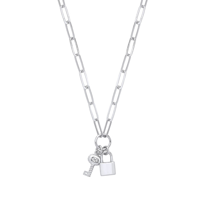 Silver Paper Clip Chain , Padlock  & CZ Key Necklace