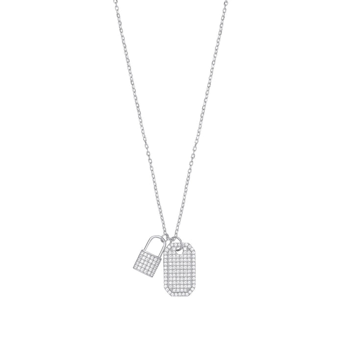 Silver CZ Padlock & Dog Tag Necklace