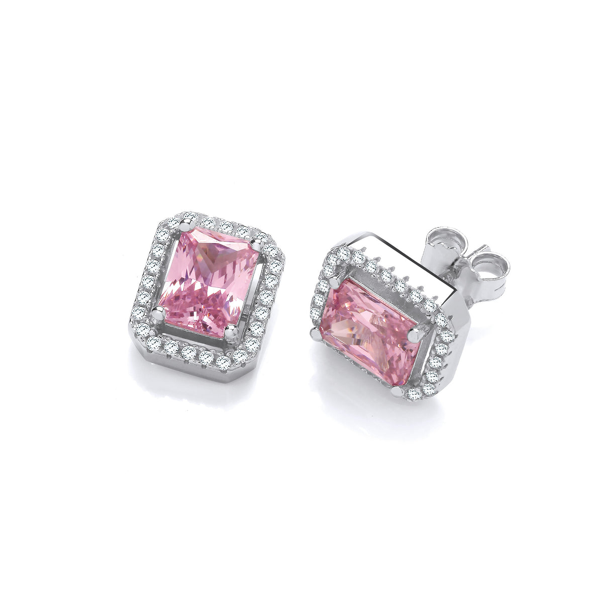 Silver Pink CZs Halo Stud Earrings