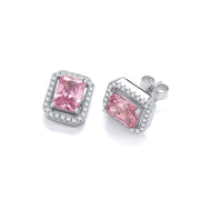 Silver Pink CZs Halo Stud Earrings