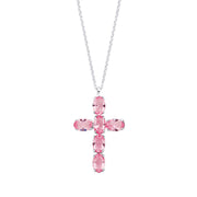 Silver Pink Crystal Cross Pendant on Chain