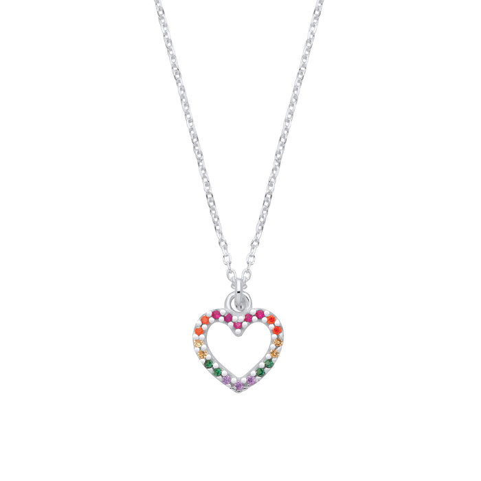 Silver Multi Colour CZ Heart Pendant Necklace