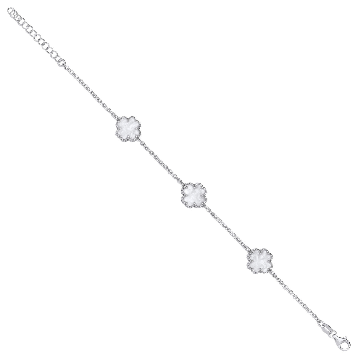 Silver WHITE Enamel Four Leaf Clover Bracelet