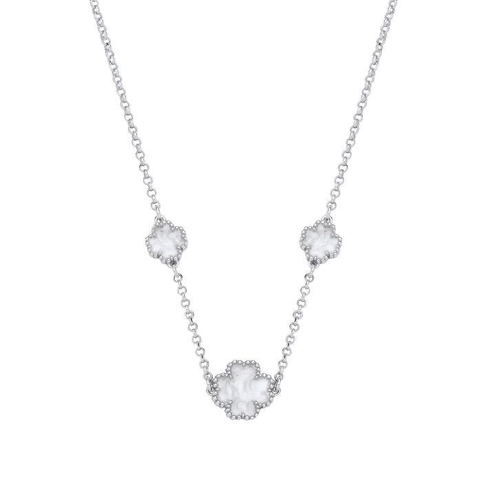 Silver WHITE Enamel Four Leaf Clover Necklace