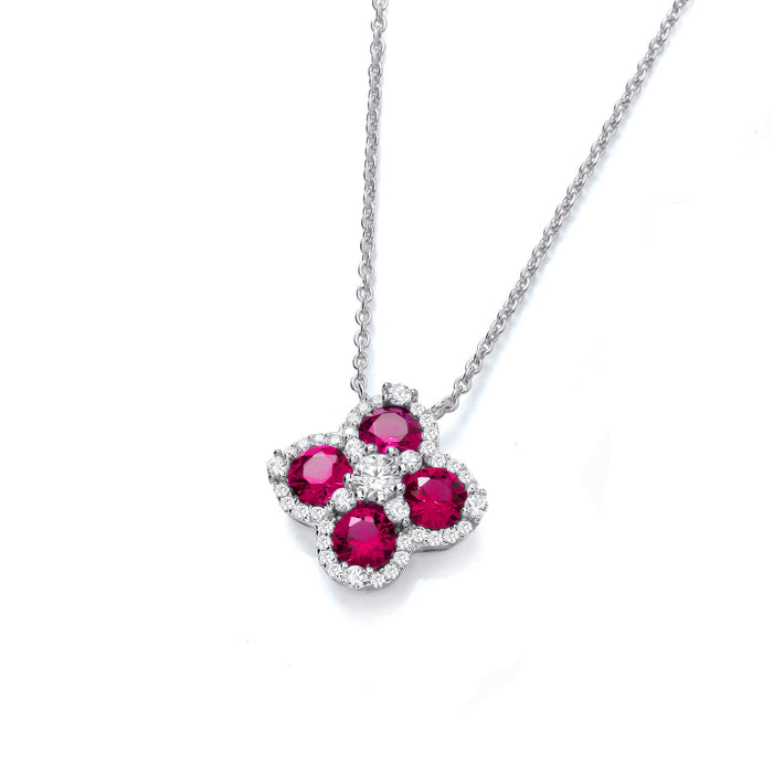 Red Four Leaf Clover Cz Silver Necklace