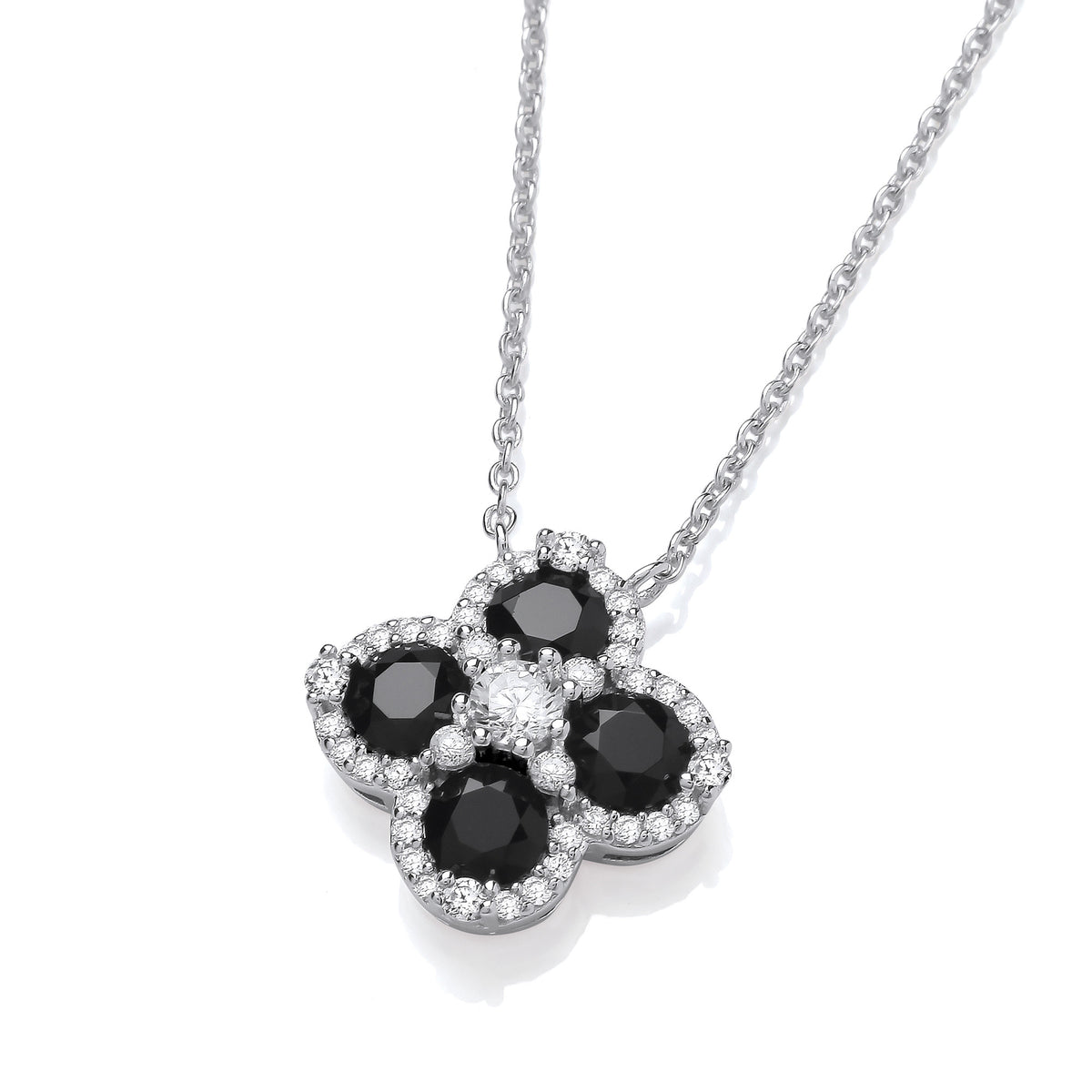 Black Four Leaf Clover Cz Silver Necklace