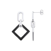 Silver Square Black Enamel Drop Earrings