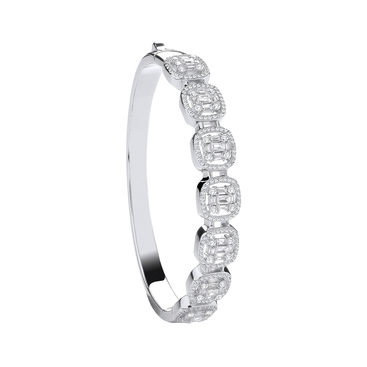 Baguette & Round CZs Halo Style Bangle