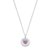 Silver Chain with Pink CZs Heart on Circle Pendant
