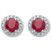 9ct White Gold 0.15ct Dia, 0.90ct  Round Ruby Stud Earrings