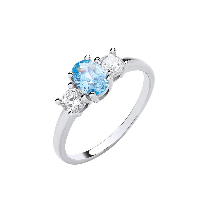 Silver Trilogy Ring Clear Round & Oval Aquamarine Blue CZs