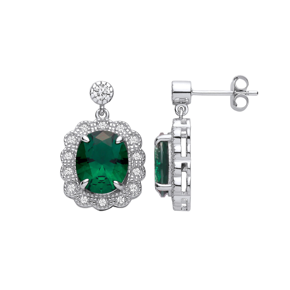 Silver Halo Drop Green CZ Earrings