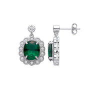 Silver Halo Drop Green CZ Earrings