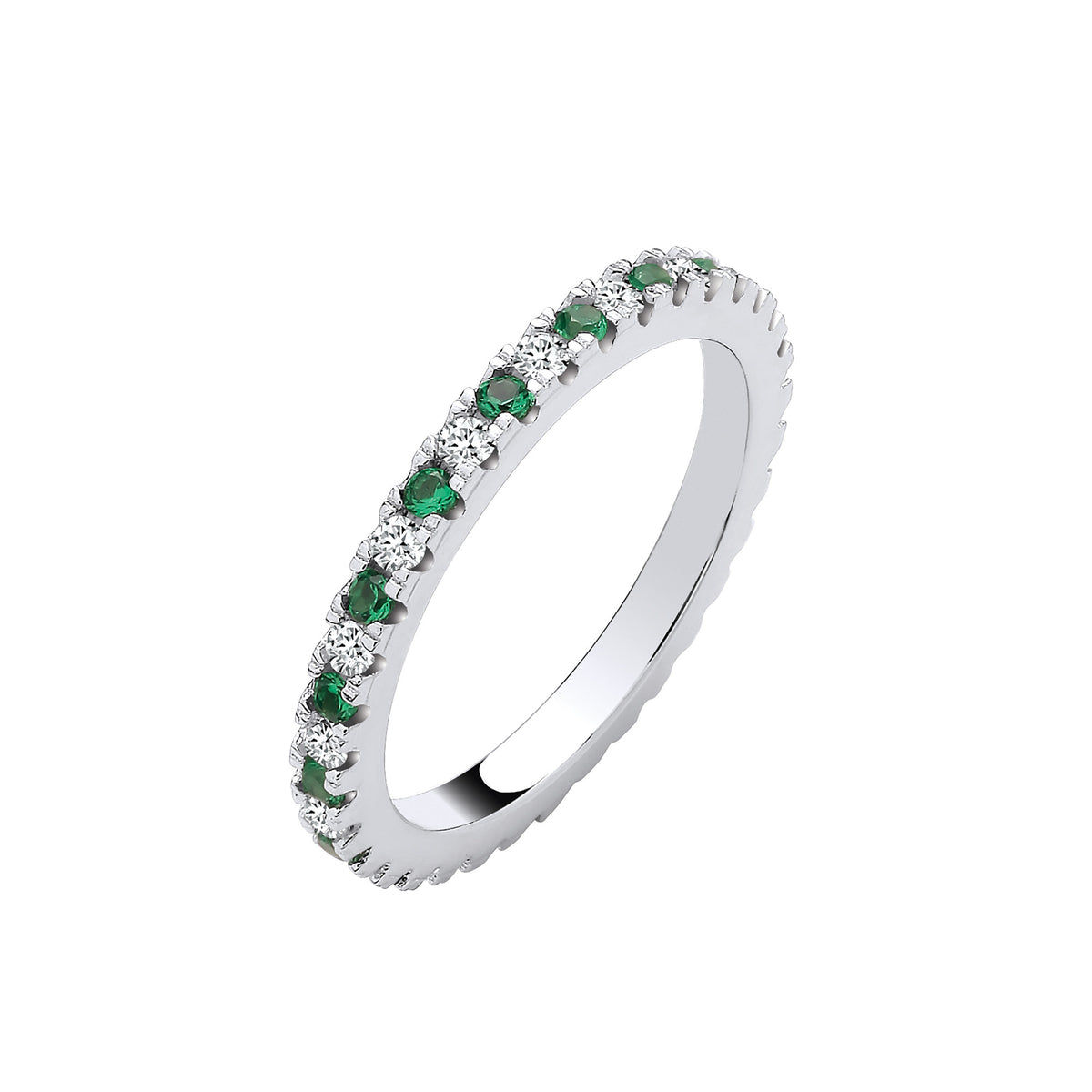 Silver Green Emerald & Clear CZs 2mm Full ET Ring