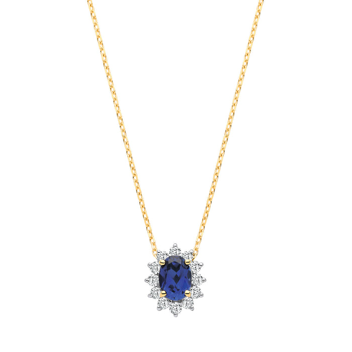 9ct Yellow Gold LAB GROWN 0.30ct Solitaire Diamond & 1.10ct Oval Sapphire Pendant With Chain IGI Certified