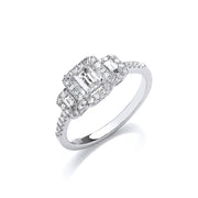 18ct WG Emerald Cut 0.75ct Halo style Trilogy Ring