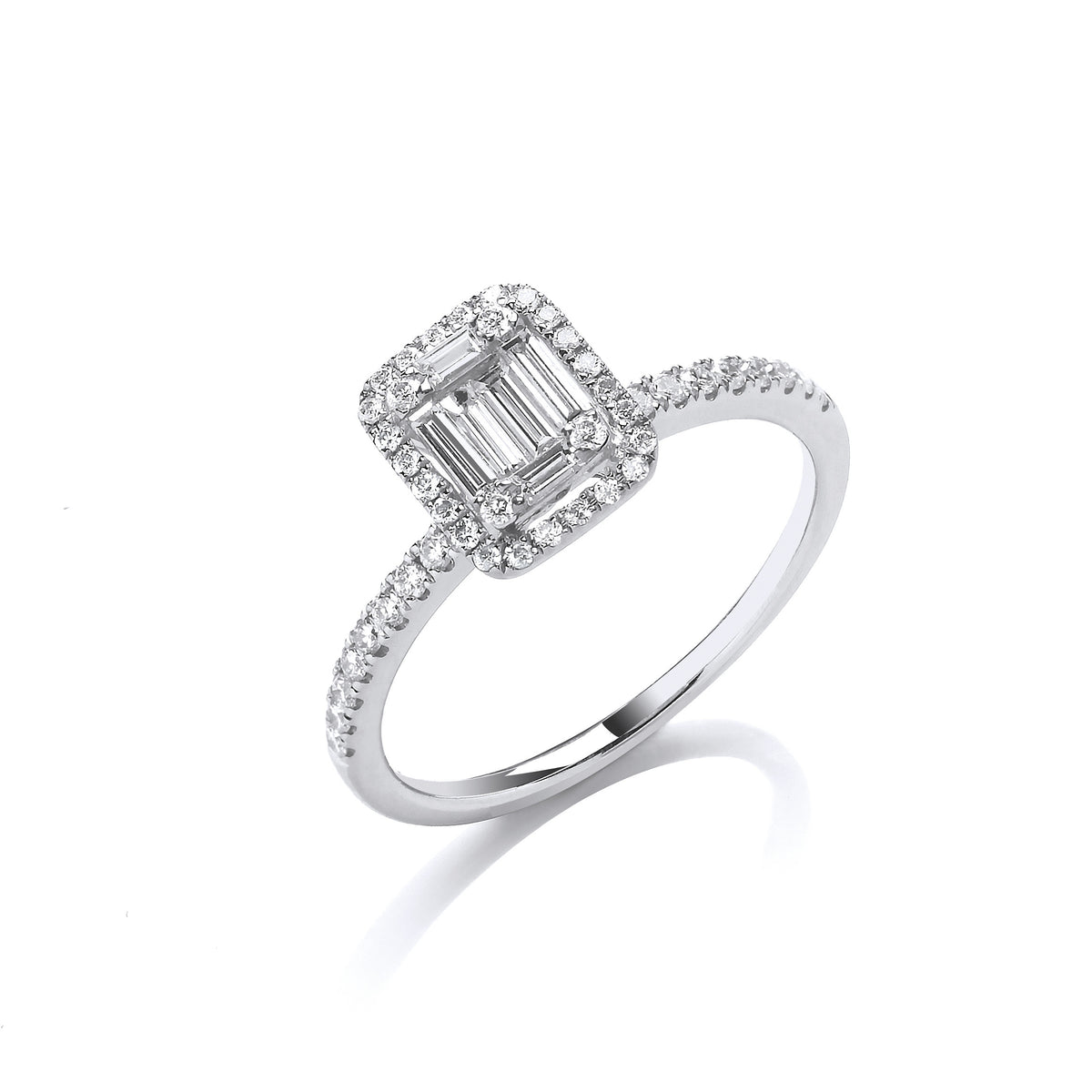 18ct White Gold 0.50ct Baguette & Brilliant Cut Diamonds Rectangle Halo Ring