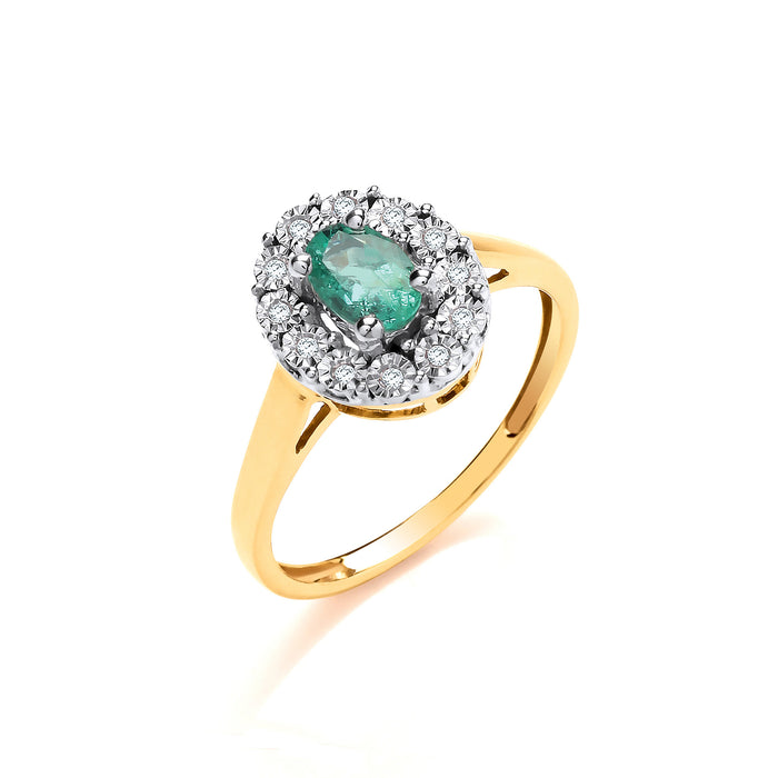 9ct Yellow Gold 0.40ct Emerald Cluster & 0.05ct Diamond Ring