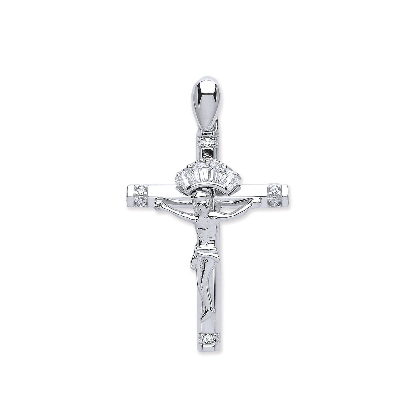 White Gold Cz Baguettes & Round Crucifix TGC-CX0208