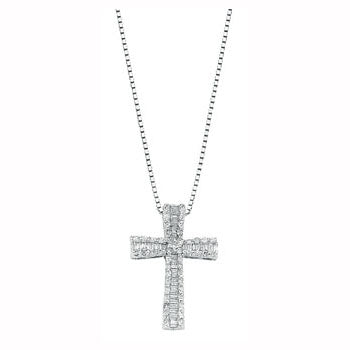 9ct White Gold 0.50ct Brilliant & Baguette Cut Diamond Cross Pendant with 18in/45cm Chain TGC-DCN0045