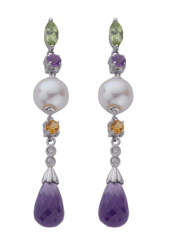 9ct White Gold Diamond Pearl & Multi Colour Gem Drop Earrings TGC-DER0132