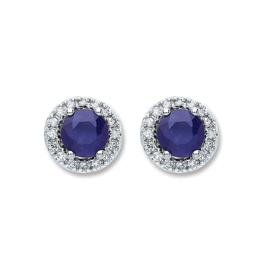 9ct White Gold 0.15ct Diamond 1.2ct 5mm Round Sapphire Stud Earrings  TGC-DER0209