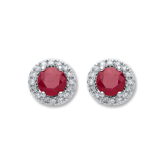 9ct White Gold 0.15ct Diamond, 0.9ct 5mm Round Ruby Stud Earrings  TGC-DER0210